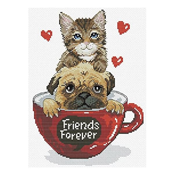 Set da ricamo Coccinella Amici per sempre, set a punto croce di circa 17,5 x 24,7 cm per un ricamo quadrato, passatempo di artigianato per adulti e bambini a partire dagli 8 anni di età